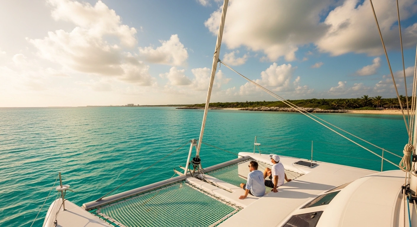 uxury catamaran sailing in Cancun in October with calm seas and tropical sky.