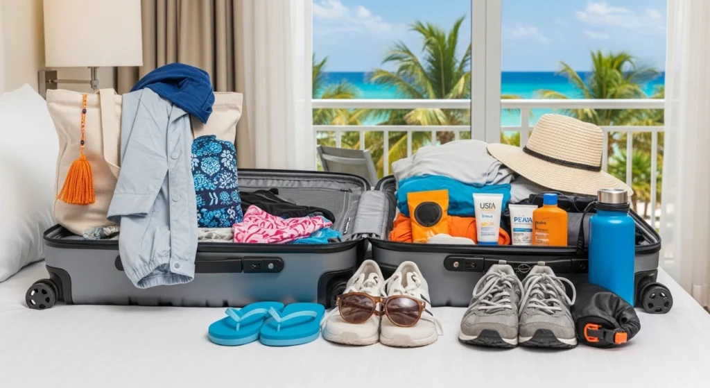 Packing essentials for Cancun in October including sunscreen, swimwear, and light rain jacket