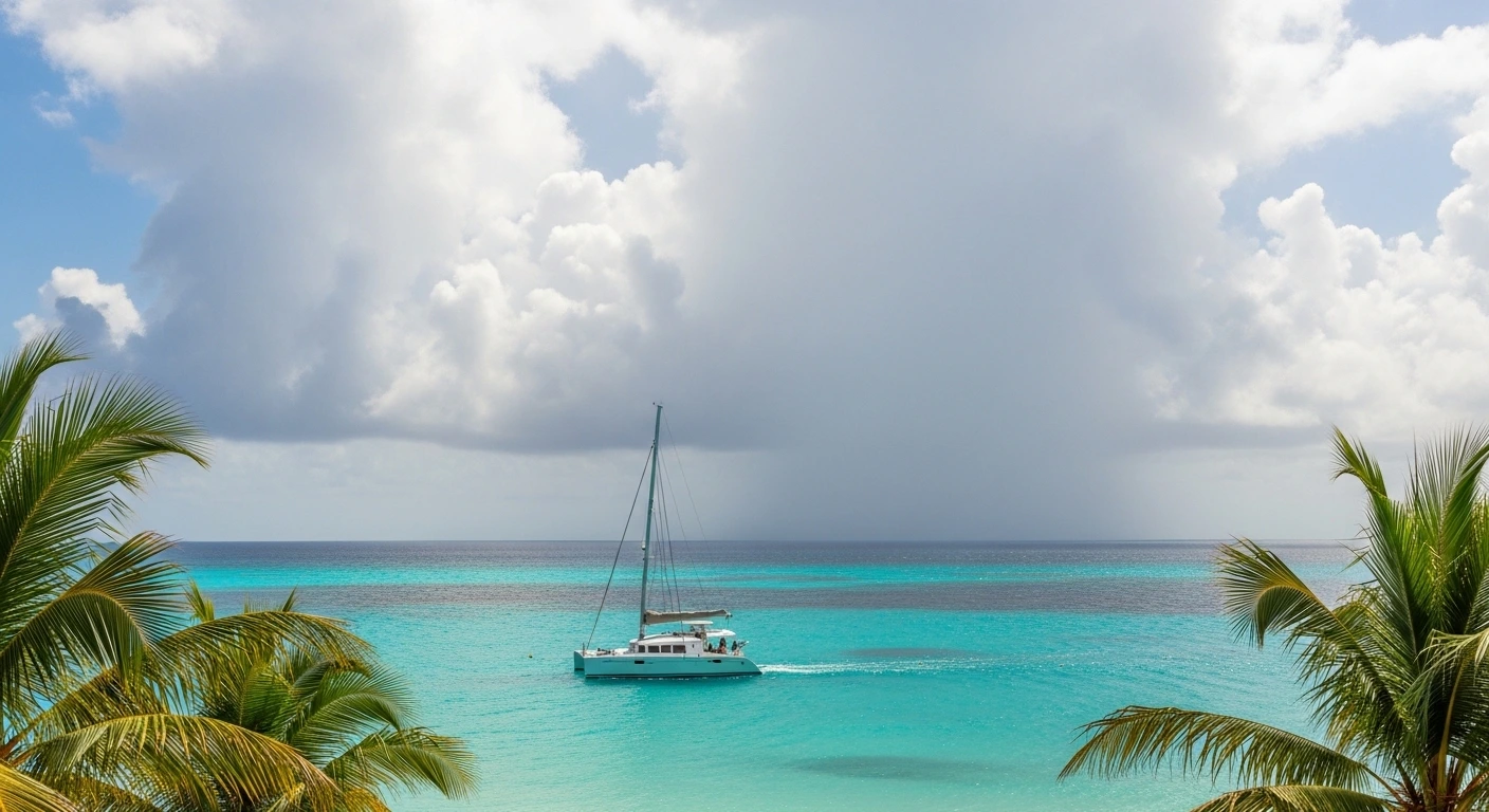 Sunny Cancun beach during rainy season with a white catamaran sailing on turquoise water under partly cloudy skies.