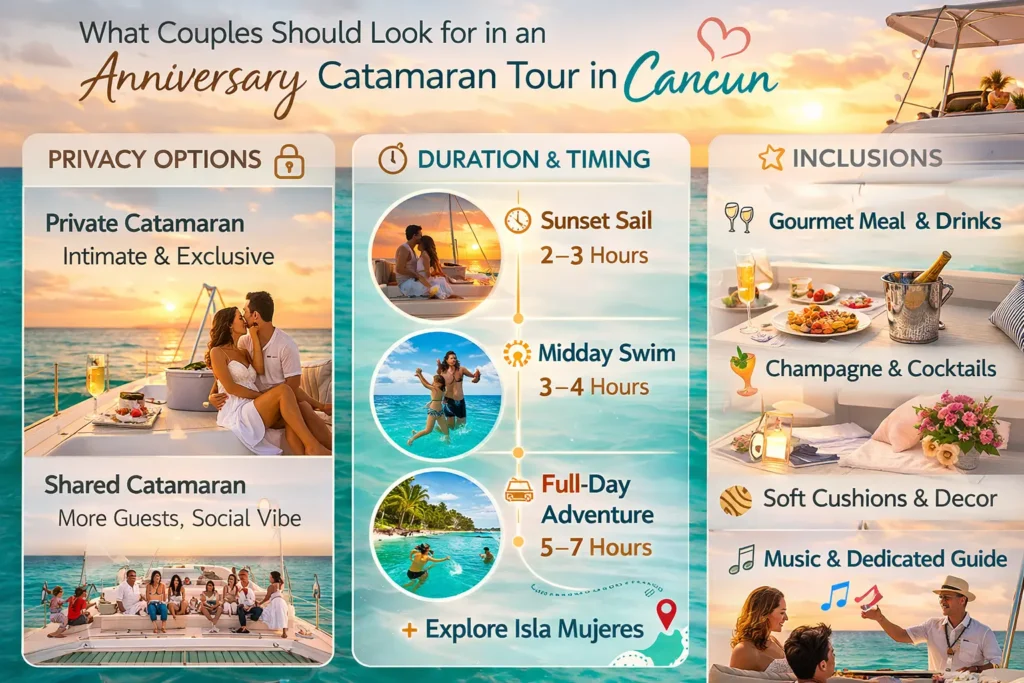 Infographic showing private vs shared Cancun catamarans, timing options, and romantic inclusions for couples’ anniversaries.