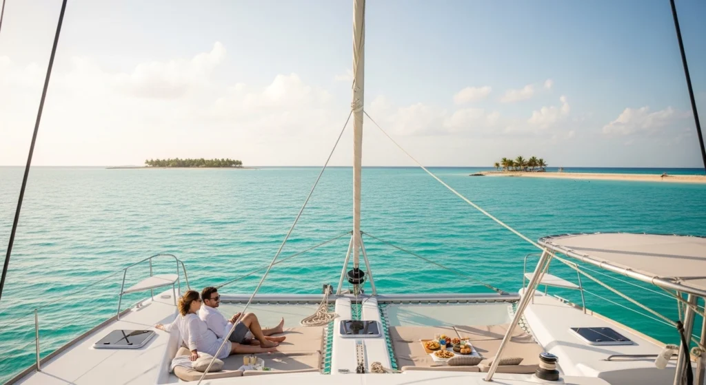 Couple enjoying a calm catamaran cruise in Cancun with turquoise waters and Isla Mujeres in the background, perfect for a relaxing babymoon