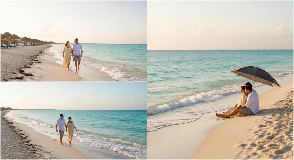 Pregnant couple relaxing on a quiet Cancun beach with soft white sand and calm turquoise Caribbean water during a peaceful babymoon trip