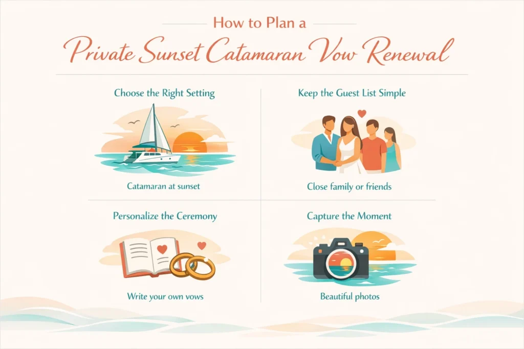 Showing how to plan a private sunset catamaran vow renewal with steps for setting, guest list, ceremony personalization and photos.