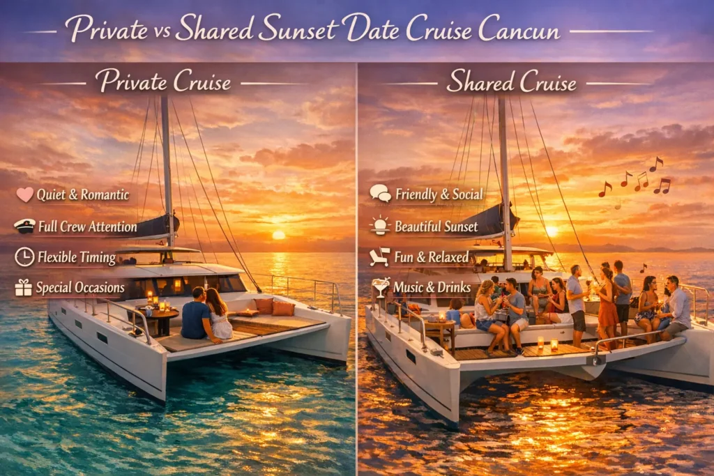 Infographic comparing private and shared Cancun sunset cruises, showing couples enjoying drinks, sunset views, and either a romantic or lively atmosphere.