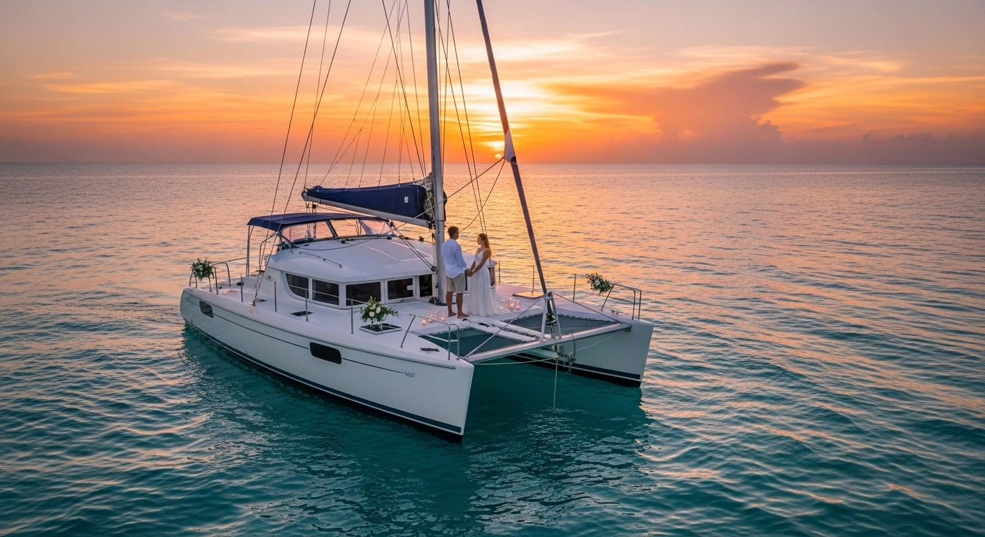 Couple renewing wedding vows on a private catamaran at sunset in Cancun with calm Caribbean waters and colorful sky