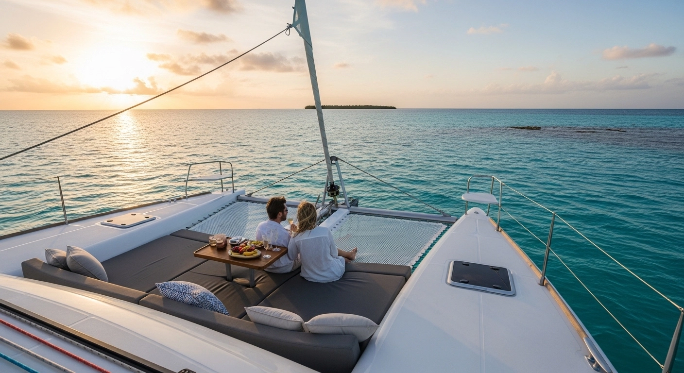 Couple enjoying a private romantic moment on a luxurious catamaran over turquoise Cancun waters at sunset, with champagne, a gourmet platter, and distant Isla Mujeres in the background.