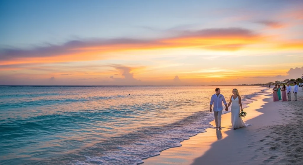 Couple celebrating vow renewal on Cancun beach at sunset, with soft white sand, clear Caribbean waters, and an intimate gathering in the background.