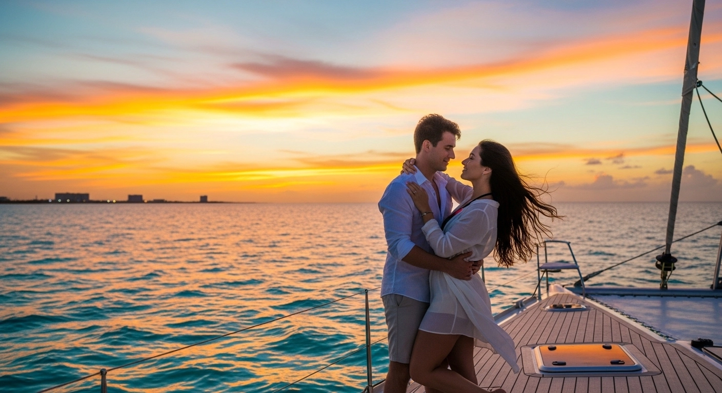 Couple enjoying a romantic sunset on a catamaran in Cancun with golden and pink skies over calm turquoise waters