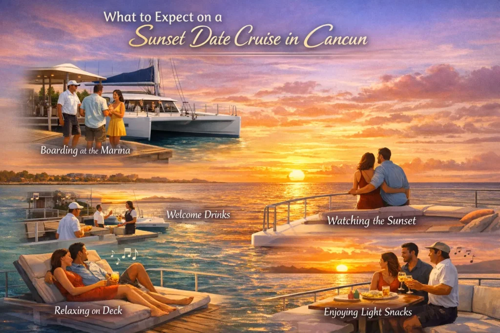 Infographic of a Cancun sunset catamaran cruise showing boarding, couples with drinks, guests relaxing, and sunset views on calm turquoise waters with warm orange and pink tones.