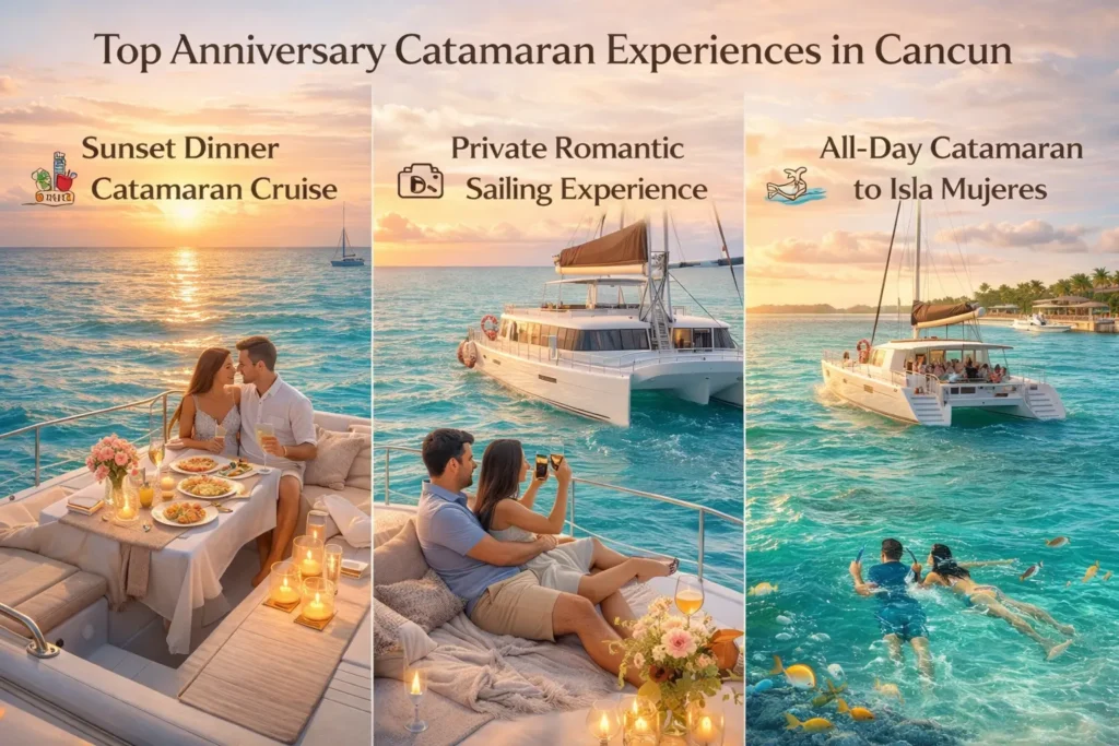 Landscape illustration showing Cancun anniversary catamaran experiences: sunset dinner cruise, private romantic sail, and all-day Isla Mujeres adventure with snorkeling.