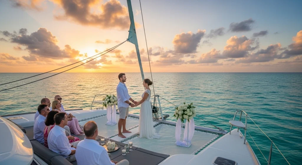 Couple renewing wedding vows on a private catamaran at sunset in Cancun with ocean views and romantic atmosphere.