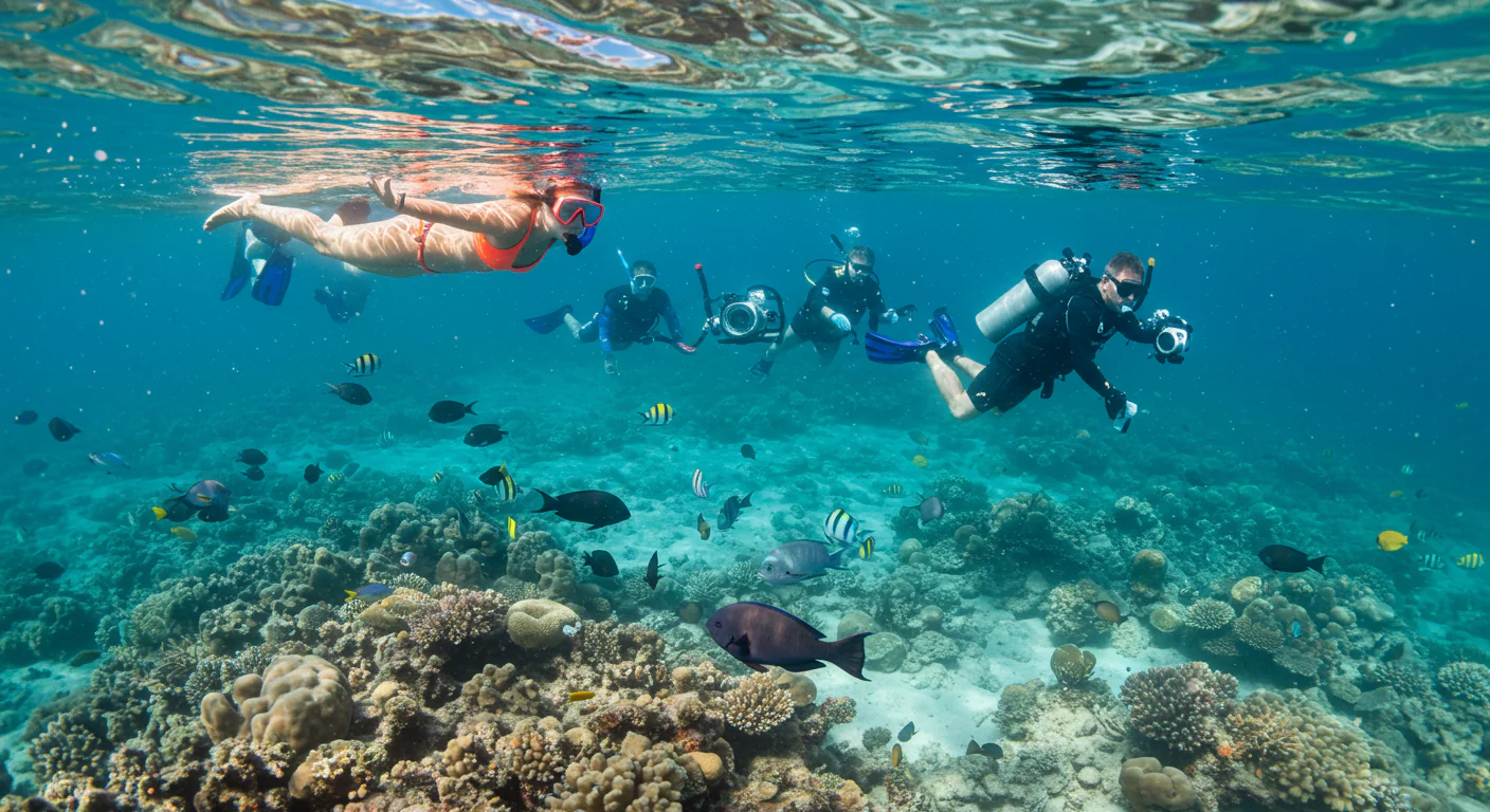 Divers exploring a vibrant underwater reef filled with colorful fish.