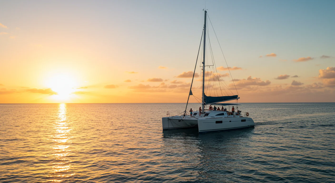 Is Cancun safe to travel? A catamaran sailing at sunset on calm waters.