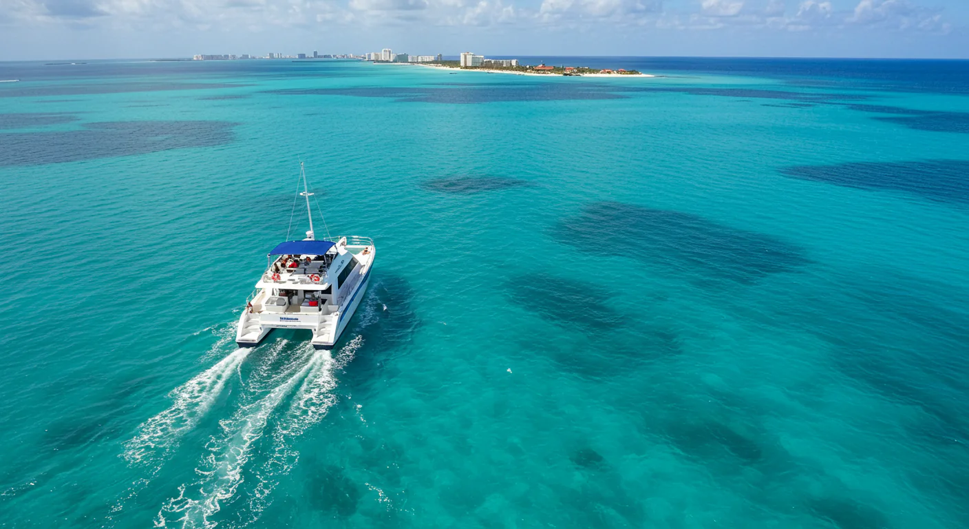 A catamaran cruising through turquoise waters near a tropical island.
